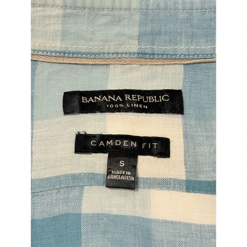Banana Republic Camden Fit Linen Shirt Mens Small Blue White Buffalo Check Plaid